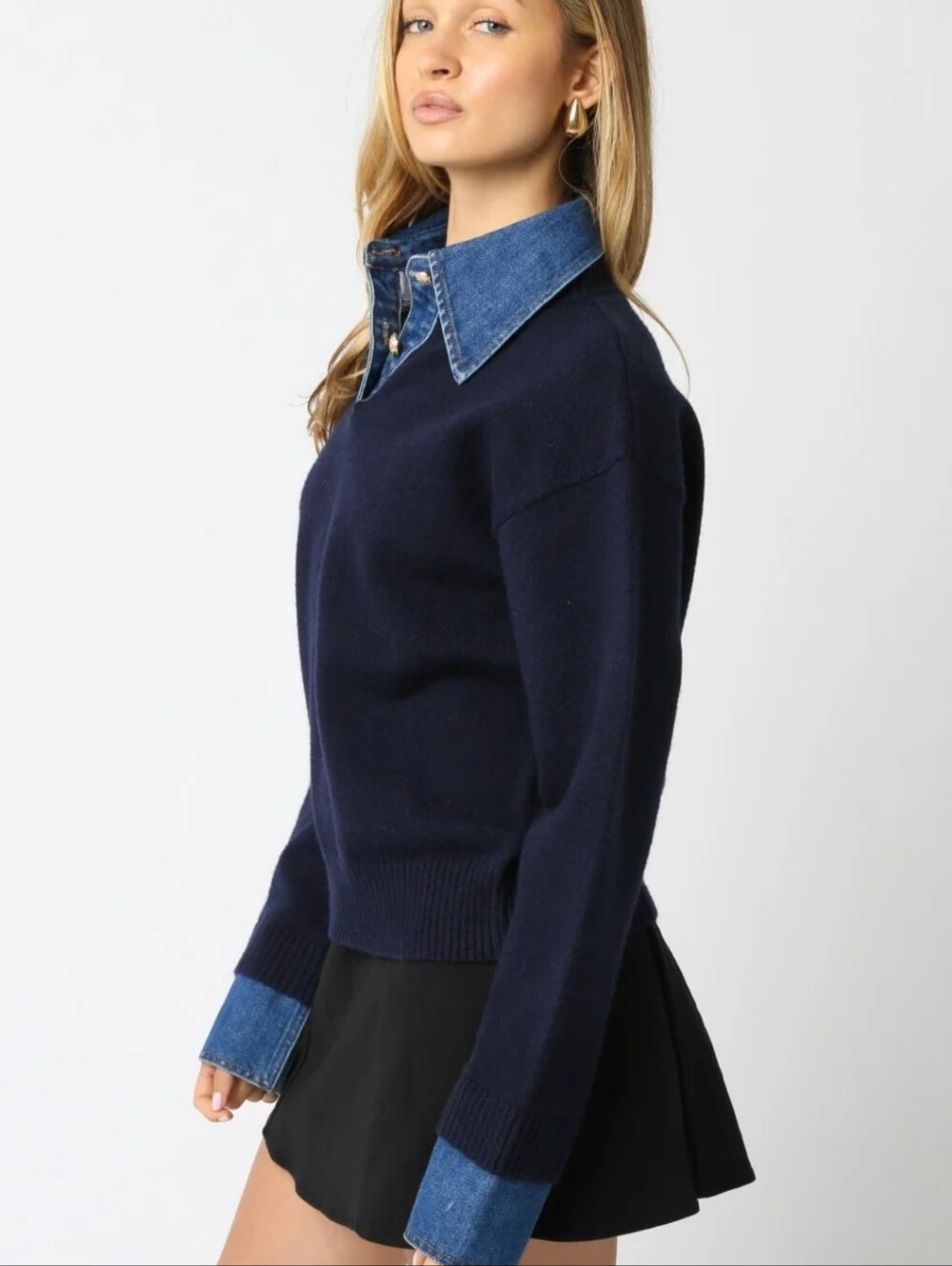 Commense Navy Crewneck Sweater with Denim Collar